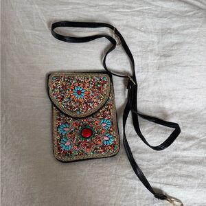 Hand Beaded Multicolor Crossbody Bag - Black Strap